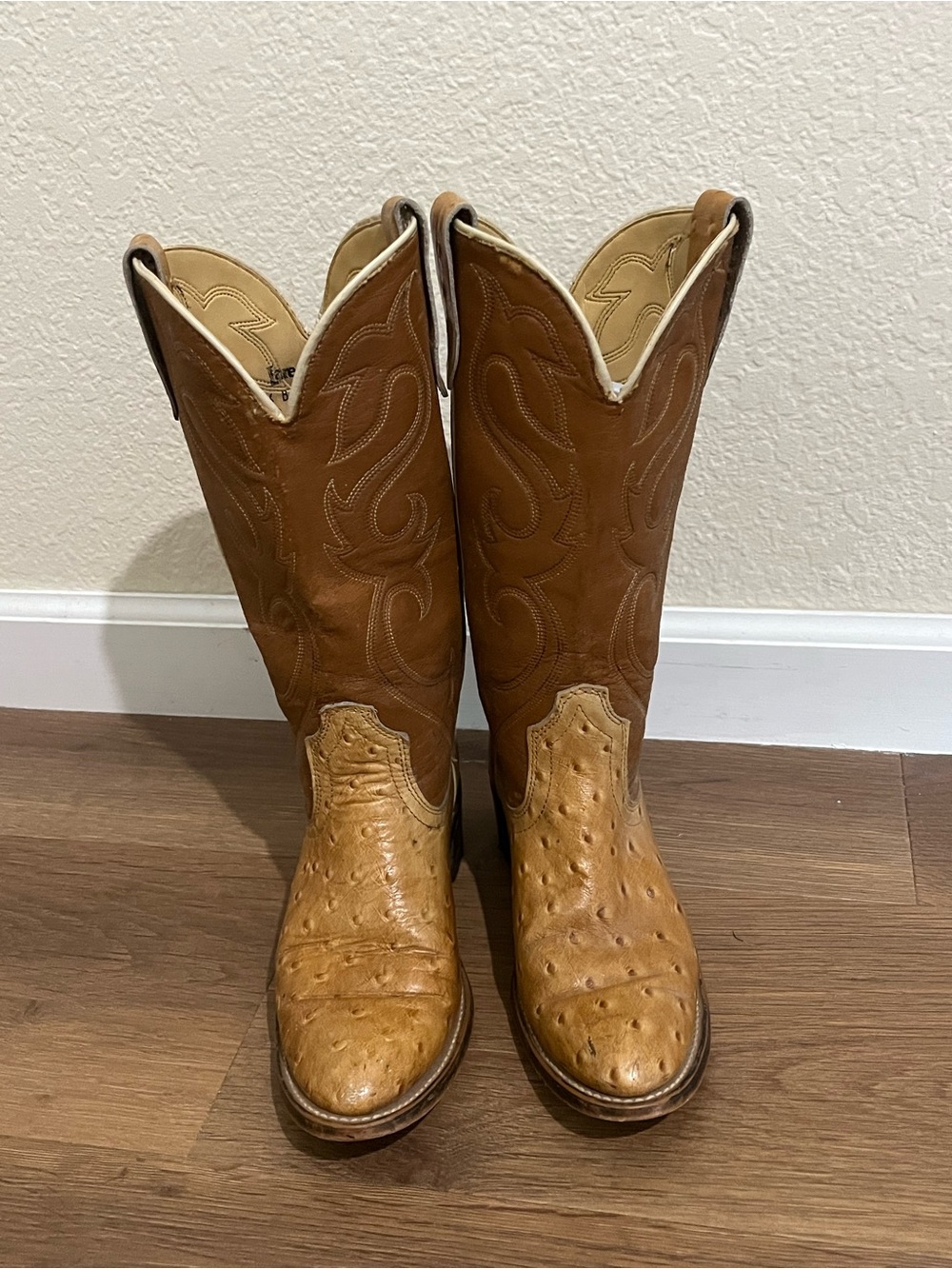 Laredo Two-Tone Brown Tan Ostrich-Texture Western Boots